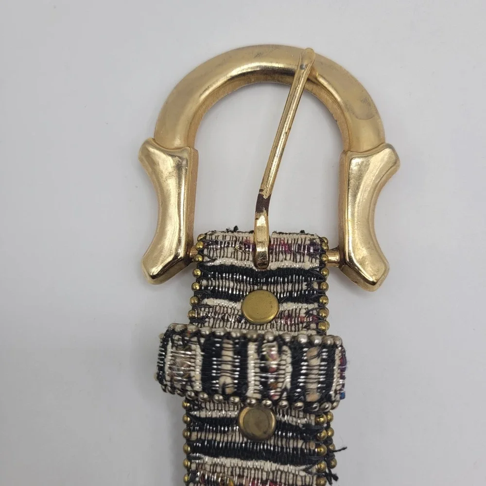 VTG Woven Fabric Belt Small Gold Buckle Boho Artisanal Textured Multicolor 90s